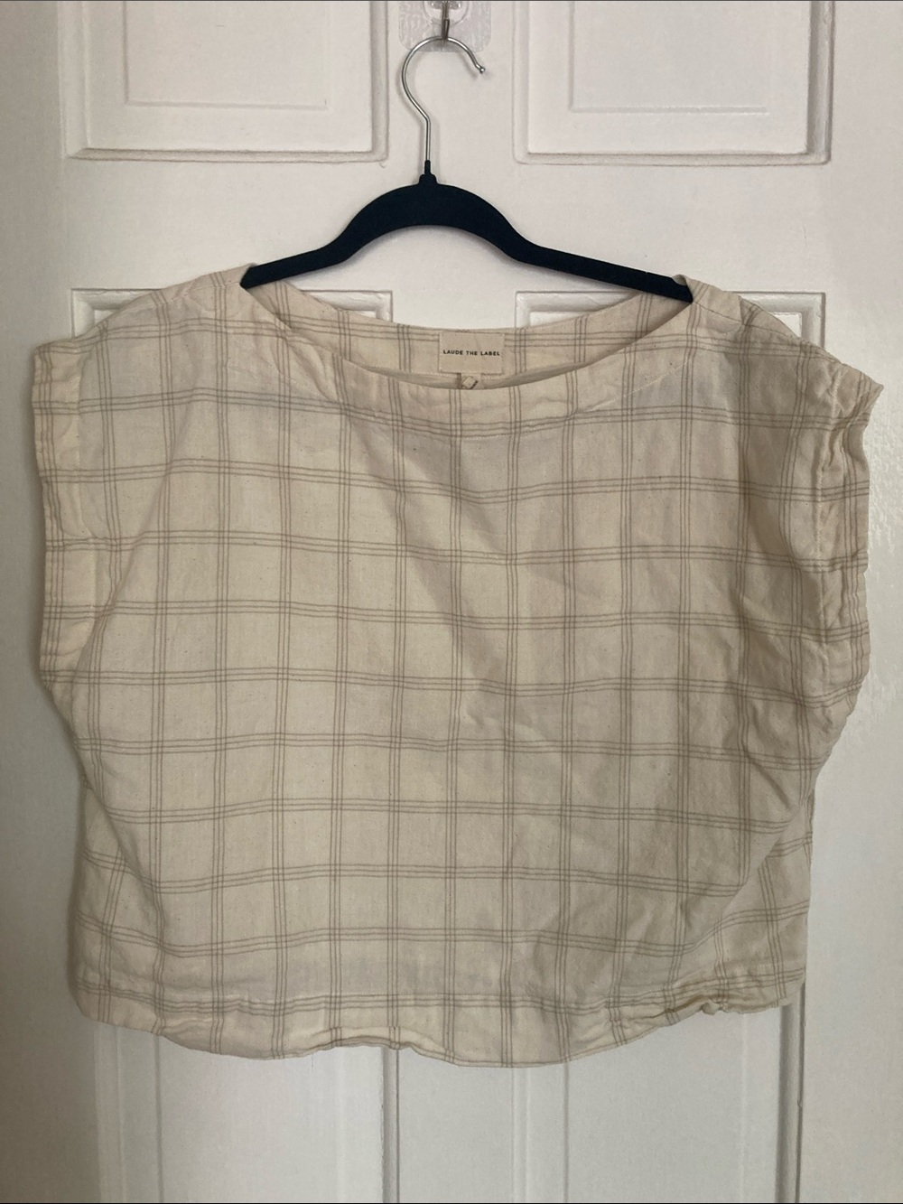 Laude the Label Linen-Blend Beige Plaid Cap-Sleeve Top